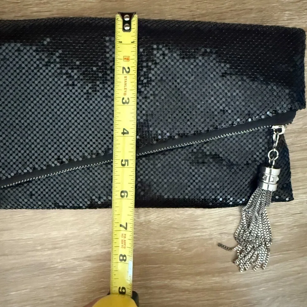 Black mesh chain beaded retro fold over evening clutch tassel party purse bag - Picture 8 of 9